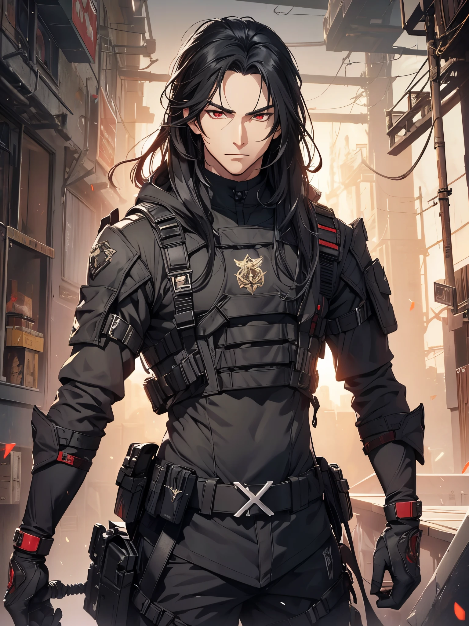 1man, handsome, mid 20s, long black hair, point tail style, red eyes, wearing combat suit, masterpiece, 4k, top quality, highly detailed, official art