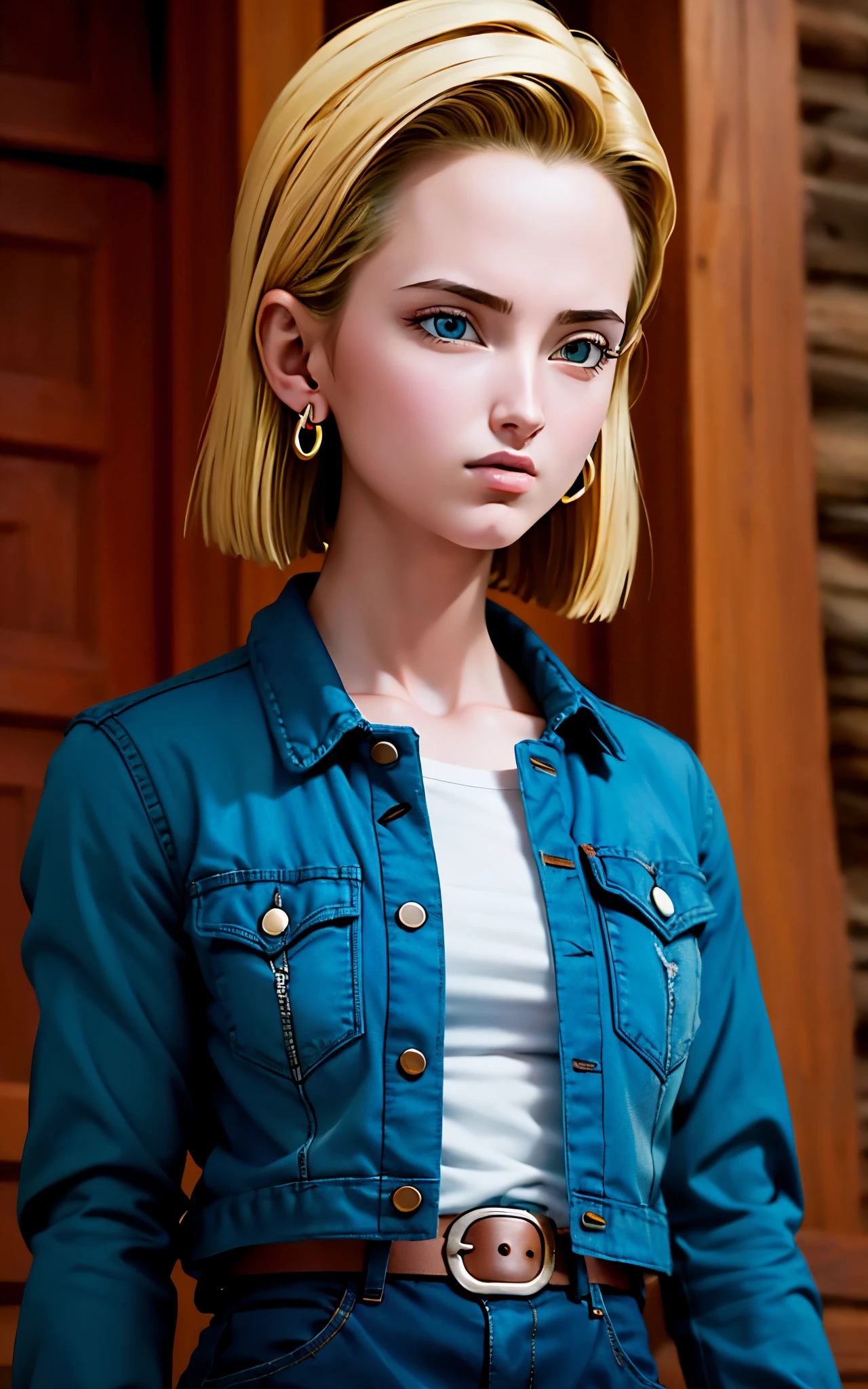 (masterpiece, best quality), realistic version of android18, earrings, denim, belt upper body, focus face, perfect face, Emily Rudd.