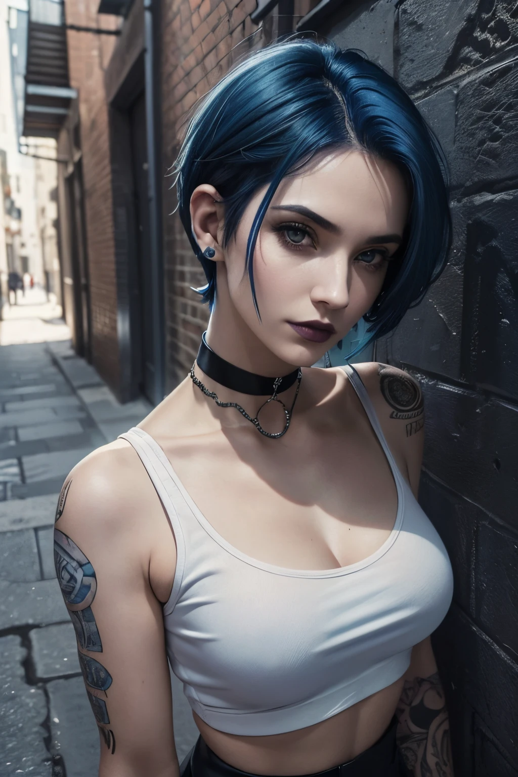 1 woman, (Standing), (full - body), European, foto realista, (30 years), ((cropped blue hair)), (Blue hair emo), undercut hair, (Big nose),  A lady, Mature Lady, (black eyeliner), ((dark eyes)), ((light-blue hair)), ((undercut hair)), (black choker), (goth),Light white skin, Perfect pale skin, (centered), (Film grain: 1.4, Hyper-realistic: 1.5), around dark, deep shadow, Discreet key, Realism, Detailed Face, ((in an alley)), (We are waiting for someone),