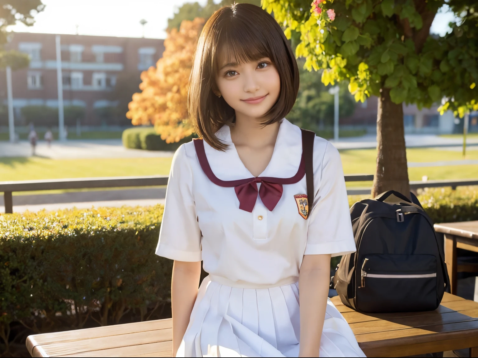 animesque、animations、top-quality、超A high resolution、detaileds、4K、Instagram、in a school、student clothes、sitting on、The table、a school bag、VirtualGirl-Rin、small chest hair、short-hair、Brown-eyed、Brown hair、Happy smile、In a flowering park、Orange sunset