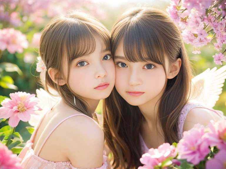 Angel, -yeld gi 2 girls、Kissing、Beautiful detailed eyes, Beautiful detailed lips, long eyelashes, up style short hair、Golden hair, innocent and pure expression, Delicate features, Soft Pink Dress, Surrounded by blooming flowers, rays of light shining on her, Heavenly atmosphere, Oil painting style, High quality, Vibrant colors, dreamy lighting