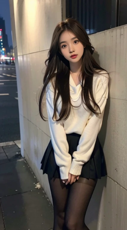 Late at night,shot of,Faraway view,shooting full body,fully body photo,A high resolution,extreme hight detail,16k,one-girl,Brown hair long,Long hair shawl,Brighten your face,Emphasis on perfect facial features,with a round face,sweet big eyes,Lying silkworm,The body structure extremely precise,(Sailor school uniform:1.25),((pleatedskirt)),(Black pantyhose covering the whole leg:1.2),(the detail:1.2):0.2,RAW photos,(tmasterpiece),(Best quality),tall house,(フォトリアリスティック,Photographic realism:1.2)),ultra - detailed,physically-based renderingt,1个Giant Breast Girl,Air bangs,Long gray hair,wavey hair,knitwear,White background wall,white backgrounid,Late at night,Seafront