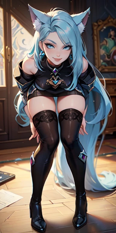 Masterpiece, 8k, art style by sciamano240, very detailed face, detailed clothes, detailed fabric, 1girl, ( Death sworn Katarina (league of legends 1.1)) beautiful face, asymmetrical long hair, light blue hair, wearing Prada top, Dior thigh boots, pencil mini skirt, black stockings, very detailed blue cat eyes, cute smirk, on knees looking up , sunny day, full body view,