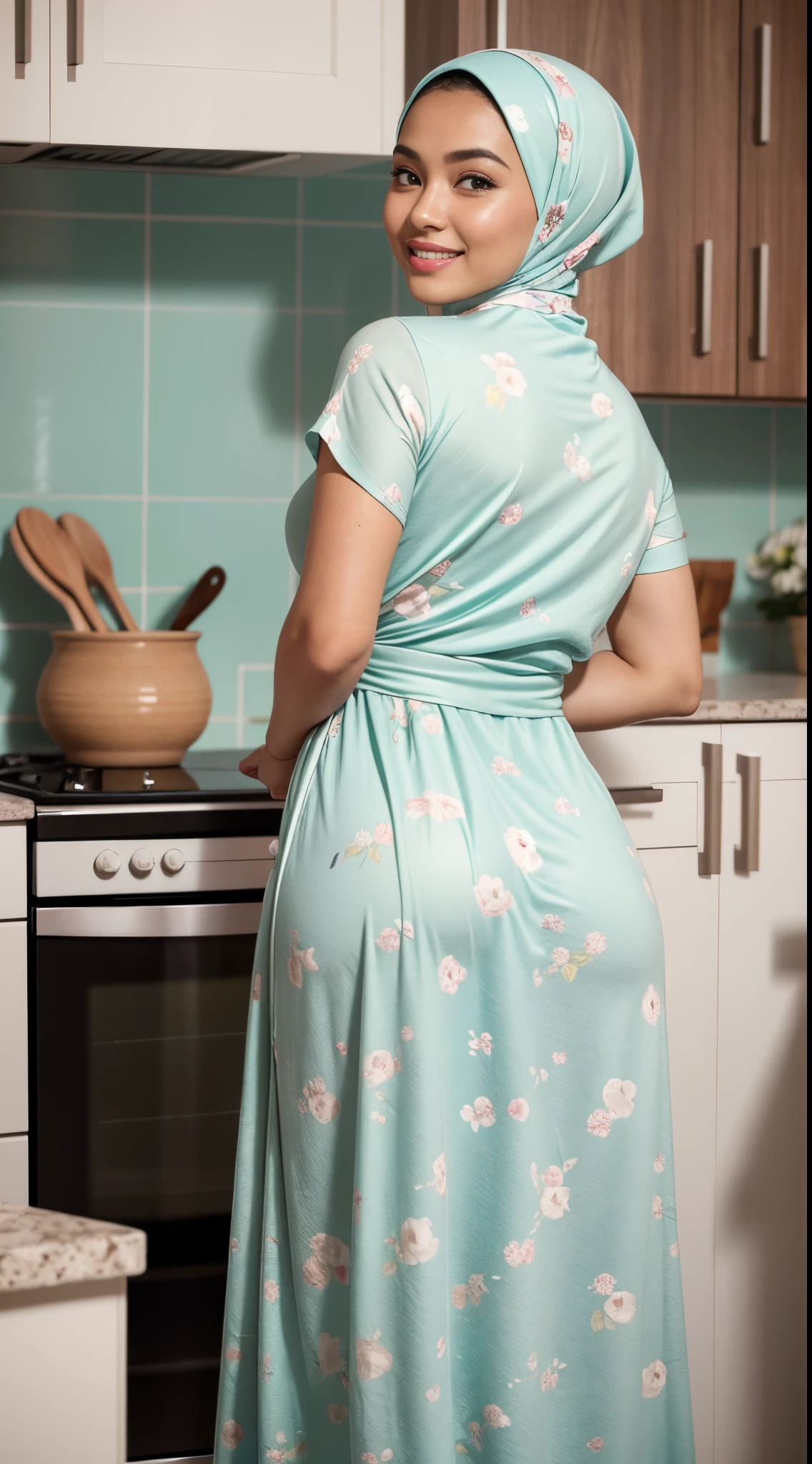 RAW, Best quality, high resolution, masterpiece: 1.3), 2 beautiful Malay woman in hijau:0.8),2 beautiful malay girl in pastel color hijab taking picture in modern kitchen, wear pastel blue and white floral pattern baju kurung,big breasts,friendly and laughing situation, laughing, happy, modern pastel color kitchen, detailed skin texture, soft lighting, pastel color theme, high quality, movie shot framing, ultra detail, 8k, 8mm, Close-up shot, cool-toned color grading, depth of field, film noir, high quality, ultra detail, 8k resolution,,beautifull buttocks, beautifull ass,, from behind, (looking at the audience, looking back, facial details, double eyelids, smiling),(sweet smile:1.1), (glossy lips:1.1), (beautiful eyes:1.1),