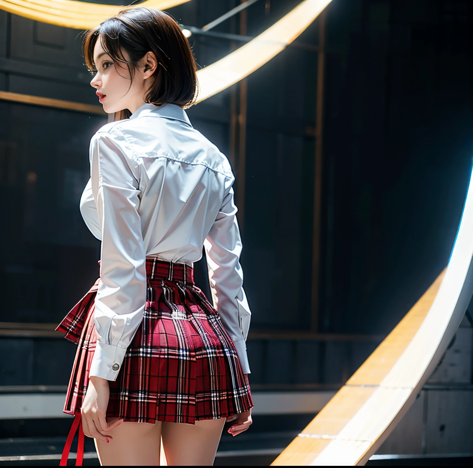 top-quality, 8K picture quality, ​masterpiece, A hyper-realistic, (Two women kiss), Perfect body and firm big breasts, Bright whitening skin, Tight white blouse with crimson ribbon tie, Micro mini pleated tartan check skirt, the skirt is incredibly short, (Standing like a model, you can see a beautiful butt from behind:1.2), From the knee up, strong lights, thin-waist