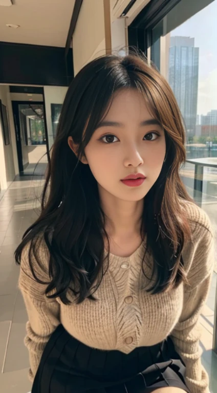 shot of,Faraway view,shooting full body,fully body photo,A high resolution,extreme hight detail,16k,one-girl,Exquisite and perfect facial features,with a round face,sweet big eyes,Lying silkworm,The body structure extremely precise,(Sailor school uniform:1.25),((pleatedskirt)),(Black pantyhose covering the whole leg:1.2),(the detail:1.2):0.2,RAW photos,(tmasterpiece),(Best quality),tall house,(フォトリアリスティック,Photographic realism:1.2)),ultra - detailed,physically-based renderingt,1个Giant Breast Girl,Air bangs,Long gray hair,wavey hair,knitwear,white backgrounid