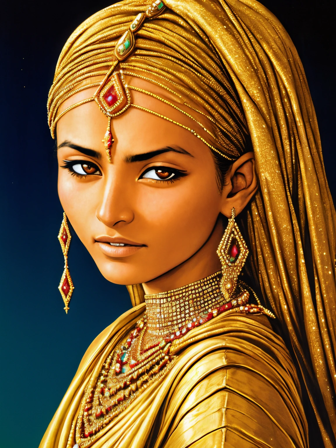 egyptian woman wearing intricate gold jewelry, desert town, pyramid, by Yoshiyuki Tomino, by Al Williamson, (by Bernie Wrightson:0.7), detailed face and eyes, masterpiece, (realistic:1.1) photo, volumetric lighting, soft lighting, absurdres, sharp, color graded, retouched, deep levels,