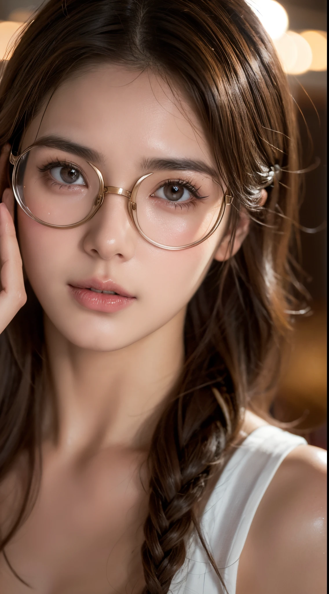 Woman, 30 years, strong, light brown hair, goggles, eye reflection, makeup, blush, licking lips, Surrealism, cinematic lighting, bokeh, cowboy shot, Nikon, masterpiece, textured skin, super detail, high details, high quality
