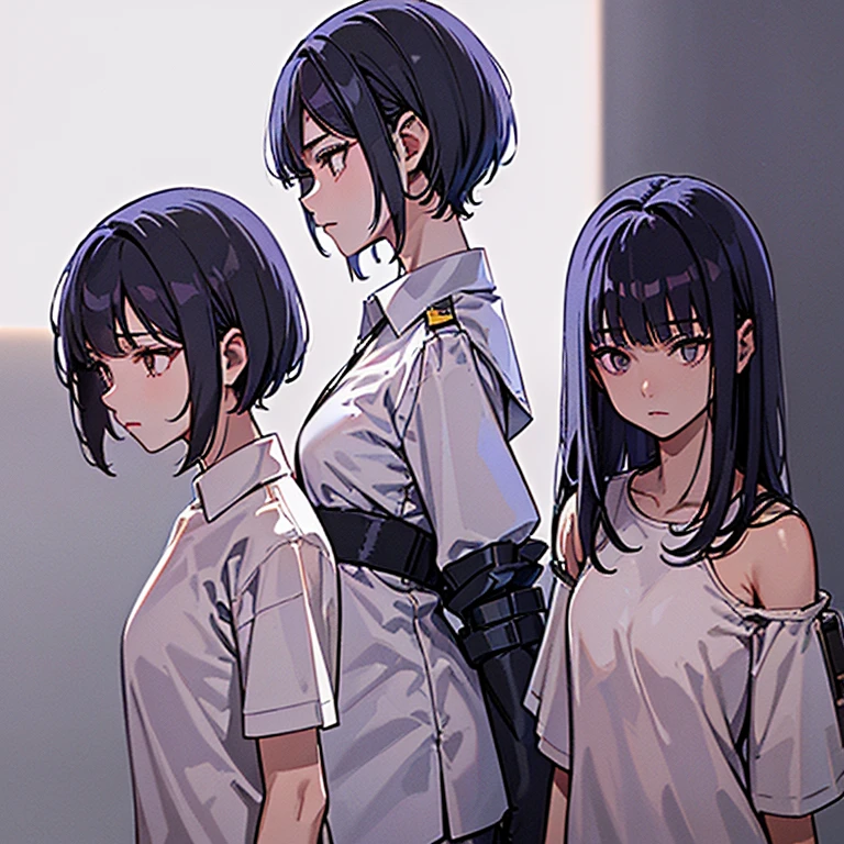 ((Best quality)), ((tmasterpiece)), ((actual)) 19years old, black hair girl, Shoulder-length hair, face expressionless, restrained flirting gestures ((elongated)) (plumw), ((( White cargo shirt ))) ((sexy for )) textured pixie haircut,aerial cannon (((Detailed role list, Frontal view, Side view, three fourths view))) (((white backgrounid))) 7 heads in the whole body