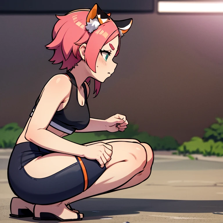 Squatting, legs spread apart, view from behind, bike shorts,