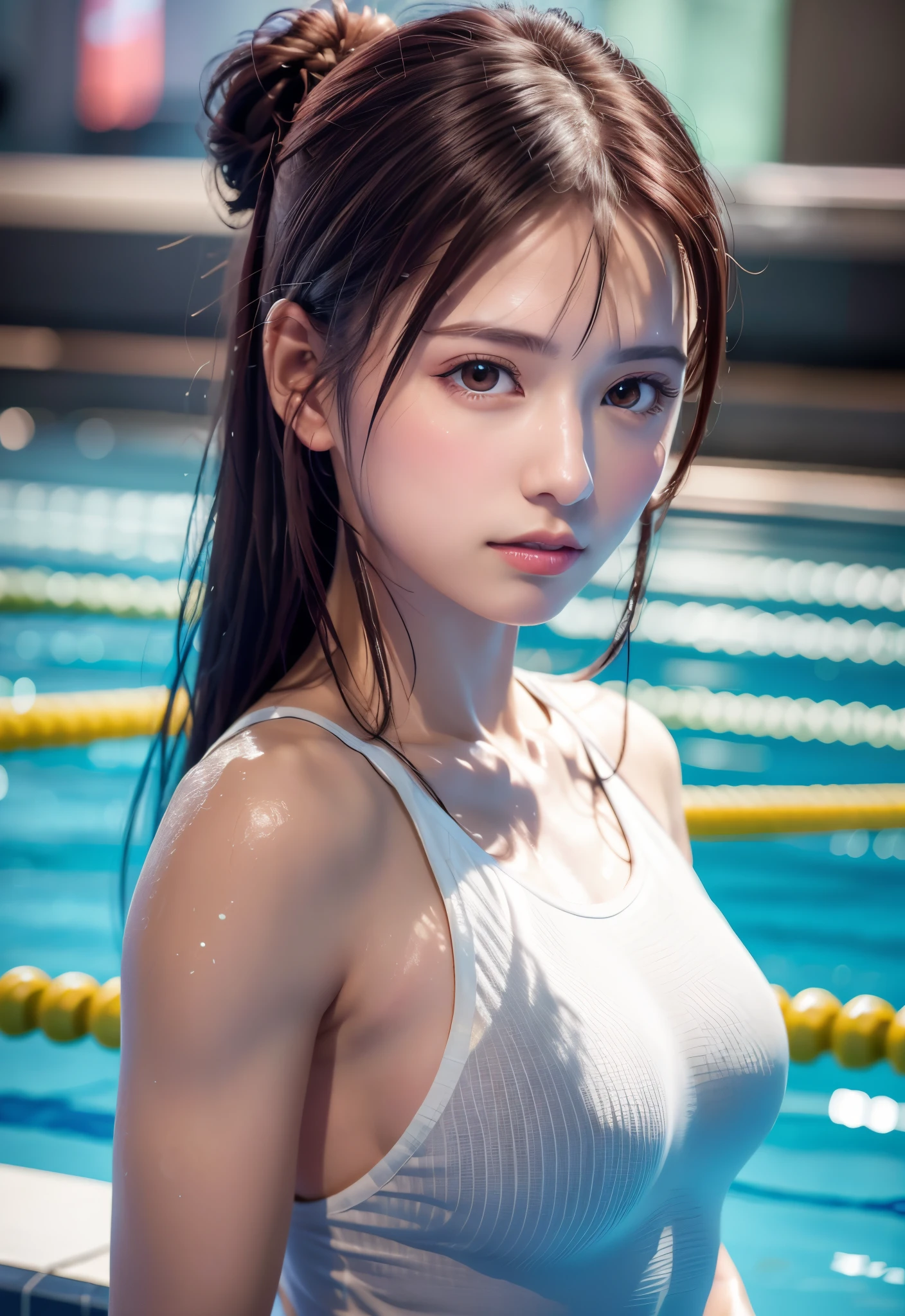 8K, of the highest quality, masutepiece:1.2), (Realistic, Photorealsitic:1.3), of the highest quality, masutepiece, Beautiful young woman, Pensive expression, Thoughtful look, Competitive swimmers、swim wears、Hair tied back, Cinematic background, Light skin tone、wetted skin