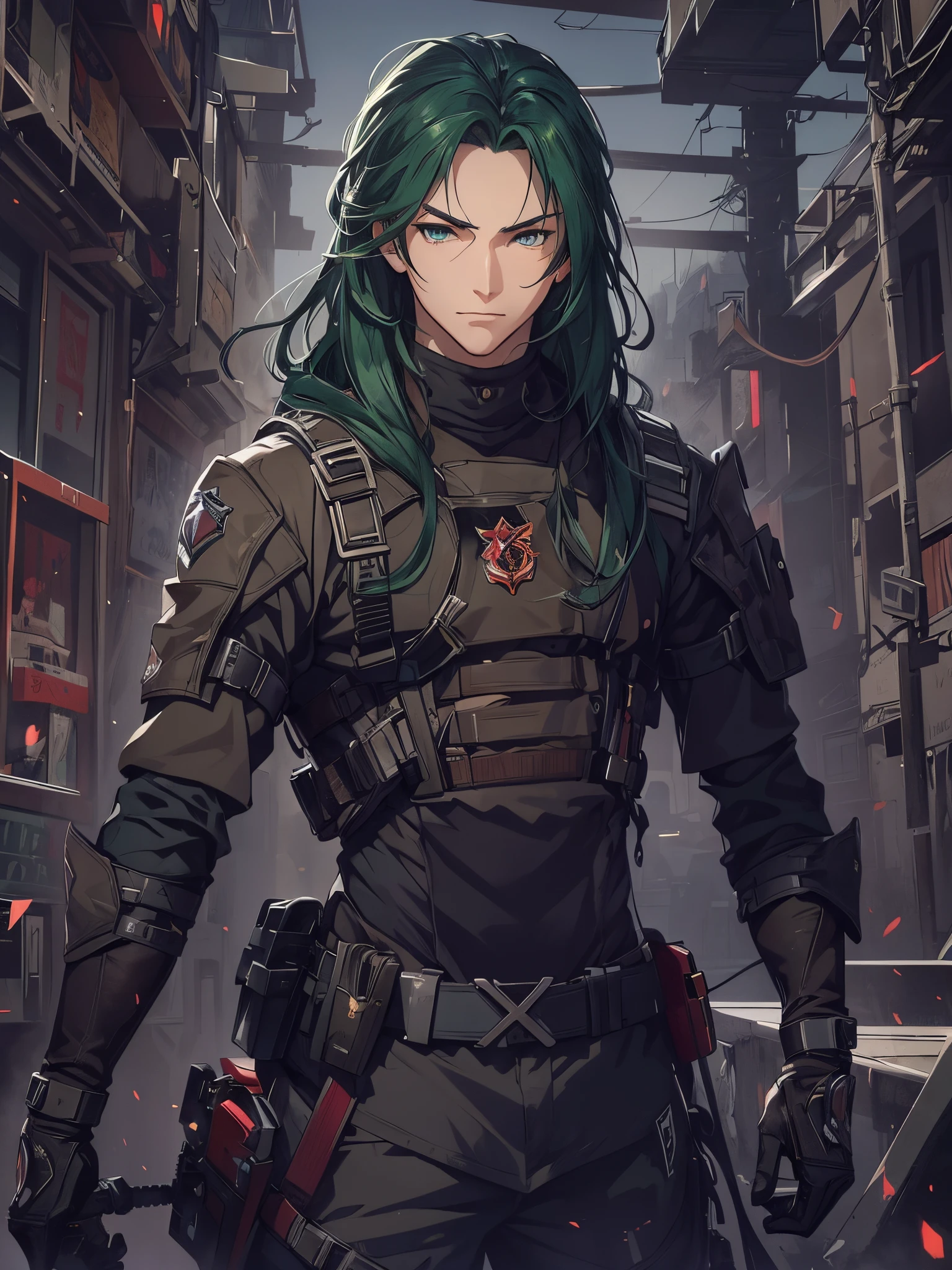 1man, handsome, mid 20s, long green hair, point tail style, red eyes, wearing combat suit, masterpiece, 4k, top quality, highly detailed, official art