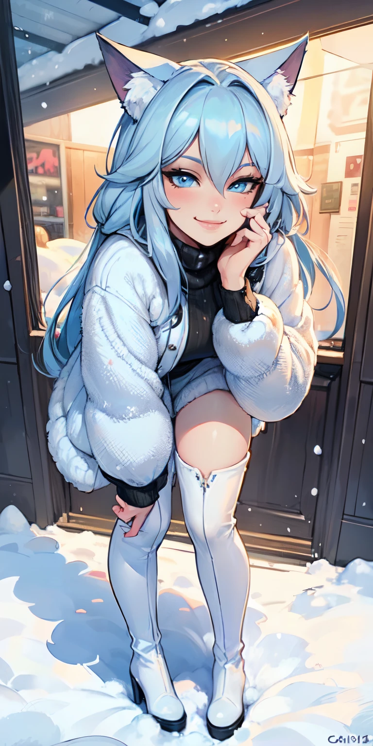 Masterpiece, 8k, art style by sciamano240, very detailed face, detailed clothes, detailed fabric, 1girl, beautiful face, asymmetrical long hair, light blue hair, wearing cute winter clothes, Dior thigh boots, very detailed blue cat eyes, cute smirk, sunny winter day, full body view,
