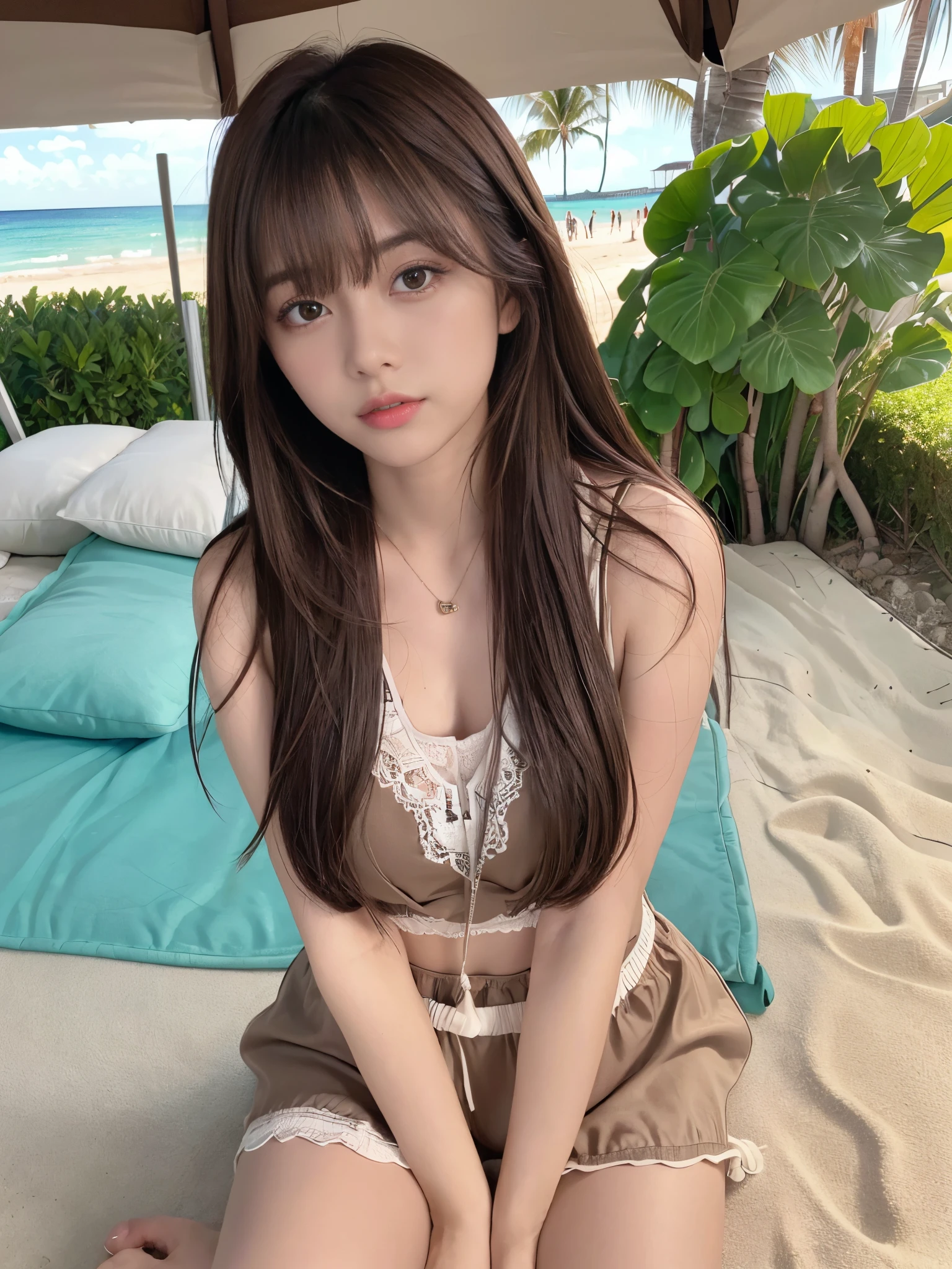 ((Luzes Realistas、quality、8K、tmasterpiece:1.3))、Clear focus:1.2、Alone、1 girl、perfect body beautiful:1.4、Slim abs:1.1、((dark brown hair、Plump:1.3))、(Accelerate:1.4)、rosto magro、Fine Eye、二重まぶた、an sexy:1.2、View of Waikiki Beach、palmeiras、clean sea、sandbeach、Lie down、Open your legs、(23years old:1.3)、Fluttering、pendant model pose