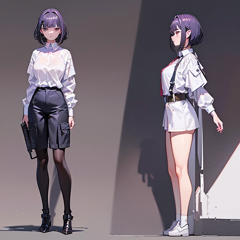 ((Best quality at best)), ((tmasterpiece)), ((actual)) 19years old, black hair girl, Shoulder-length hair, face expressionless, restrained flirting gestures ((elongated)) (plum), ((( White cargo shirt ))) ((sexy for )) textured pixie haircut，aviation gun (((Detailed role list, Frontal view, Side view, three fourths view))) (((white backgrounid))) There are 7 heads in the body