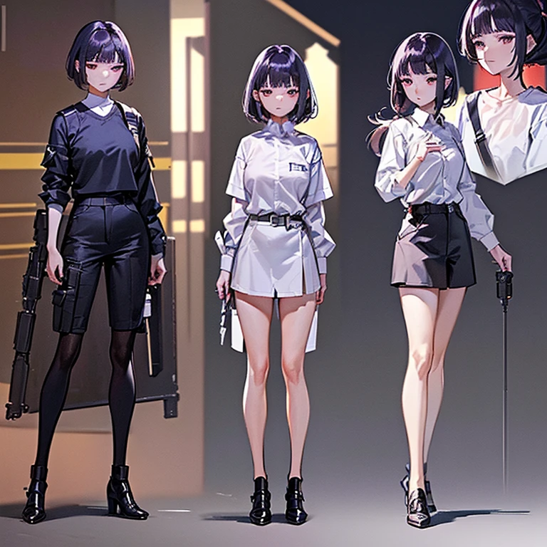 ((Best quality at best)), ((tmasterpiece)), ((actual)) 19years old, black hair girl, Shoulder-length hair, face expressionless, restrained flirting gestures ((elongated)) (plum), ((( White cargo shirt ))) ((sexy for )) textured pixie haircut,aviation gun (((Detailed role list, Frontal view, Side view, three fourths view))) (((white backgrounid))) There are 7 heads in the body