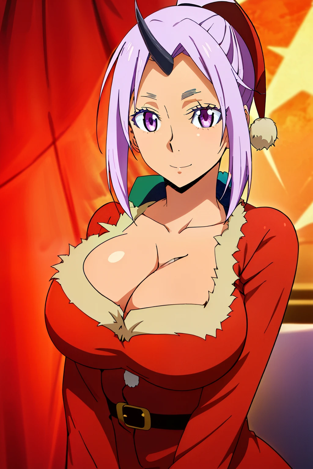 The background of the Christmas party is deep_cleavage, 鎖骨,pup_Pants, pup, 
(Black_Single_horn:1.1), 
Purple_hair, Purple_Eyes, Bangs,high_Ponytail,
1 girl, 20yr old, infp young woman, Beautiful Finger, Beautiful long legs, Beautiful body, 
Beautiful nose, Beautiful character design, Perfect eyes, Perfect face, Expressive eyes, Perfect balance,
Looking at Viewer, (Focus on her face), Closed mouth, (Innocent_Big_Eyes:1.0) ,(light_Smile:0.3), 
Official art, the Extremely Detailed CG Unity 8K Wallpapers, Perfect Lighting, Colorful, Bright_front_Face_Lighting, White skin, 
(masutepiece:1.0), (best_quality:1.0), 超A high resolution, 4K, Ultra-detailed, 
Photography, 8K, nffsw, hight resolution, absurderes:1.2, Kodak Portra 400, Film grain, Blurry background, Bokeh:1.2, Lens Flare, (Vibrant_Color:1.2),professional photograpy,
(Beautiful,Large_breasts:1.4), (Beautiful_Face:1.5) ,(narrow_waist), (red santa costume:1.3), (Red Santa Hats:1.3)