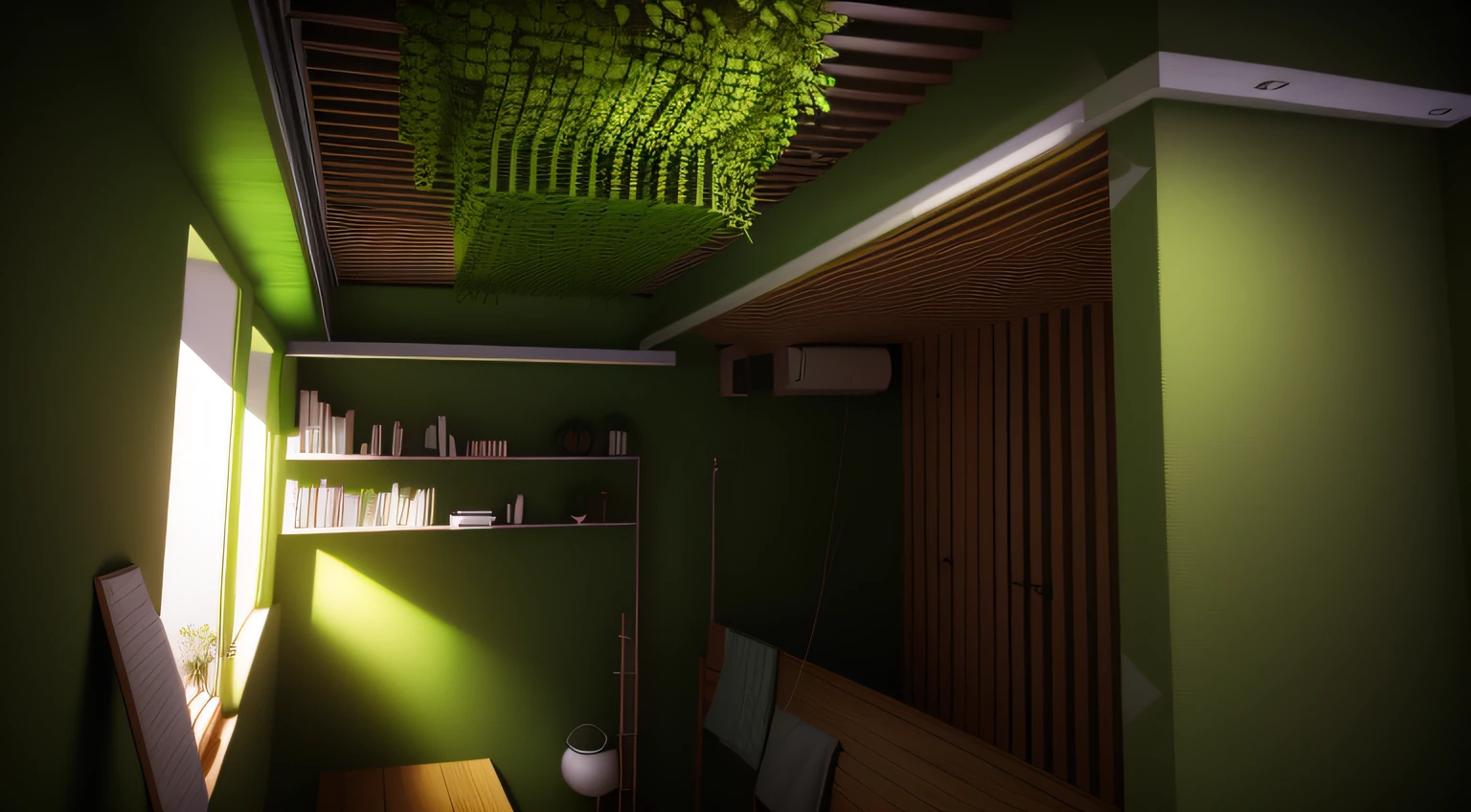 There was a room，There are green walls and green shelves,  ceilings, suspended ceiling, open ceiling, walls are made of dry wall, wooden bracket, Pipes attached, extend to wall, wall structure, fit graph, build, low ceiling, elevated ground floor, ceiling hides in the dark, exposed internal structure, Looking at the ceiling, Ceiling renderings