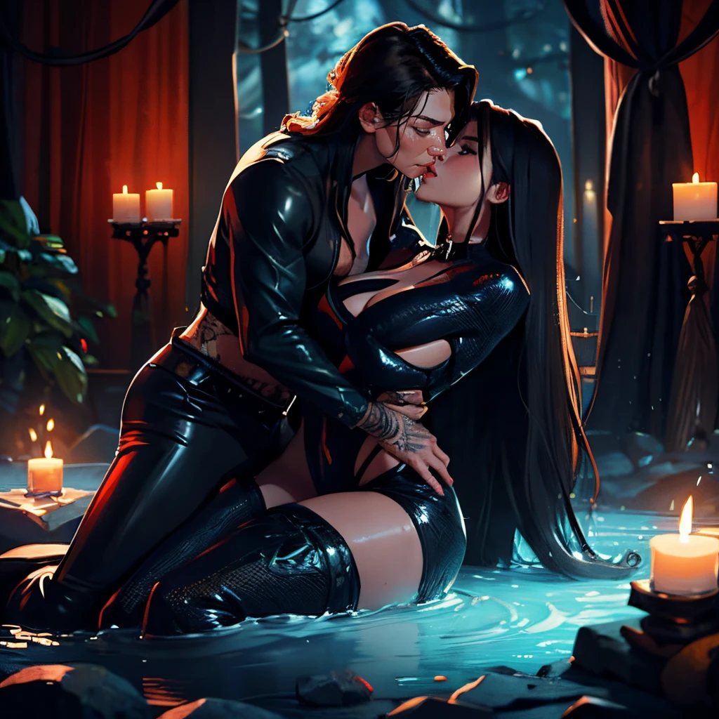 Muscular Handsome (((short-haired))) shirtless barbarian man absolutely surrounded and being hugged and touched by (((three))) sexy Goth witch women harem girlfriends bitches feeling his muscles and groin, women: curvy with wide hips in flattering sexy clothing with off-shoulders, three of the hottest women to ever live love to this man, the three women share him as a boyfriend and enjoy helping him feel pleasure together, there are so many gorgeous women are here around this one man, wrestling , hugging, tackling, Flirtatious, sexy medieval fantasy clothing made of fur and silk, lounging in a tent in a magical forest, worshipping him, sexual, kissing, sexualized positions, glowing glistening wet skin, tattoos, , jewelry, faces of pleasure and joy, pressing themselves together, romance novel cover poses, women competing for attention , one woman to his right and one to his left and one below him, full body shot, (((ONLY ONE MAN)))