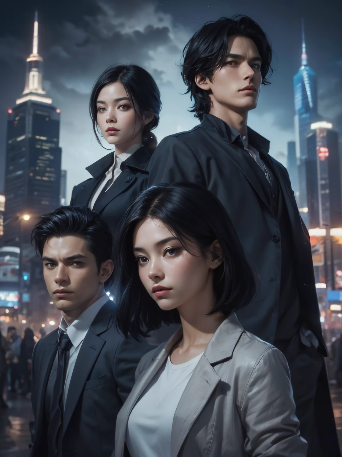 One man and one woman.Upper body close-up image.Two beautiful men and women who are about to teleport. He wears modern clothing. Black hair. The time is night. The location is the city.