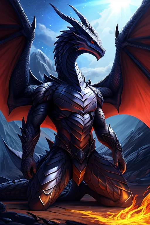 A male anthro bahamut from Final Fantasy 14, with huge dragon wings. The image should be a masterpiece, with high definition and high quality. The bahamut should be extremely detailed, with intricate scales and sharp claws. The dragon wings should be majestic and powerful, adding to the overall grandeur of the image. The colors should be vivid and vibrant, with a mix of deep blues, fiery oranges, and shimmering silver. The lighting should be dramatic, with a spotlight illuminating the bahamut and casting a shadow on the ground. The bahamut's eyes should be piercing and intense, filled with wisdom and power. The background can be a vast landscape, with mountains in the distance and a clear, starry sky above. The image should capture the essence of the bahamut's strength and majesty, evoking a sense of awe and wonder.