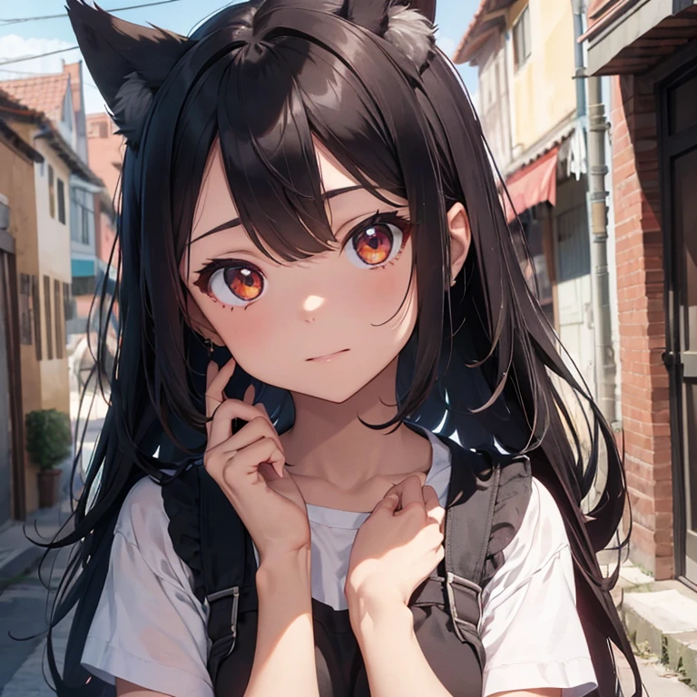 fox girl of an age of 24 years, poca ropa, ropajes con detalles de oro, egipcia, orejas de anubis, ojos rojos, mirando al espectador, con los brazos elevados, piel morena, cola de zorro, alta defincion en el detalle, cabello muy largo, mechones de color rojo, fondo desertico, incada, cuerpo completo, ojos rasgados, sexy