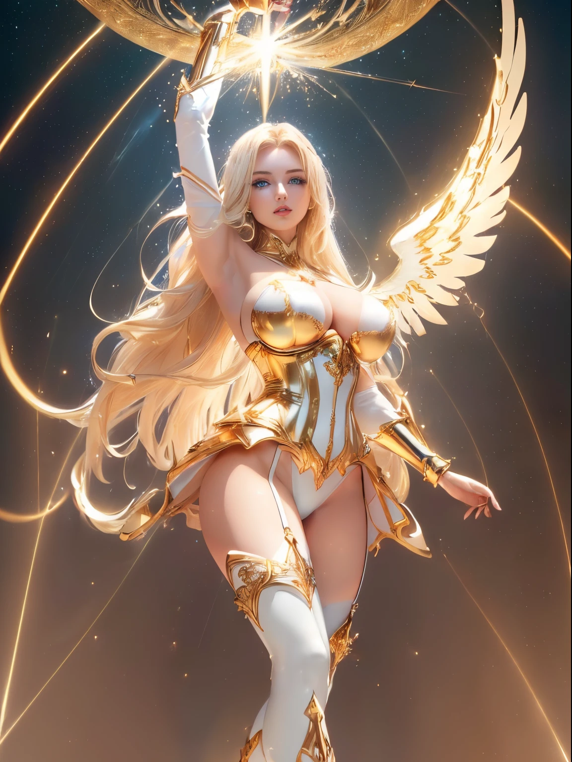 ((Magnificent, celestial, floating above ground)) ((posing sexy, complete body)) ((beautiful russian supermodel is a celestial angel)) ((Big bright blue eyes)), ((dark eyeshadows make up)) ((bright red lipstick)), ((with seductive gaze)) ((very long light blonde hair))((huge breasts:1.5)) ((perfect slender body:1.3)) ((small waist;1.3)) ((wears sexy fantasy gold corset armour detailed ornament and white tiny string thong bottom, loincloth)) ((gauntlet and white stockings, gold high heel boots)) ((halo of light and gold over her head and behind her, big white wings)) ((glowing magic sparks particles floating around))((with black sky background and white light reflectors on her)), ((high definition:1.5), ((amazing lights and shadows)) ((masterpiece:1.5))((8k:1.5)) ((Best quality:1.4))