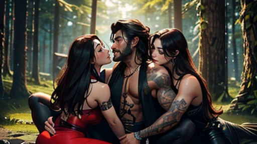 Muscular Handsome (((short-haired))) shirtless barbarian man absolutely surrounded and being hugged and touched by (((three))) sexy Goth witch women harem girlfriends bitches feeling his muscles and groin, women: curvy with wide hips in flattering sexy clothing with off-shoulders, three of the hottest women to ever live  love to this man, the three women share him as a boyfriend and enjoy helping him feel pleasure together, there are so many gorgeous women are here around this one man, wrestling , hugging, tackling, Flirtatious, sexy medieval fantasy clothing made of fur and silk, lounging in a tent in a magical forest, worshipping him, sexual, kissing, sexualized positions, glowing glistening wet skin, tattoos, , jewelry, faces of pleasure and joy, pressing themselves together, romance novel cover poses, women competing for attention , one woman to his right and one to his left and one below him, full body shot, (((ONLY ONE MAN)))