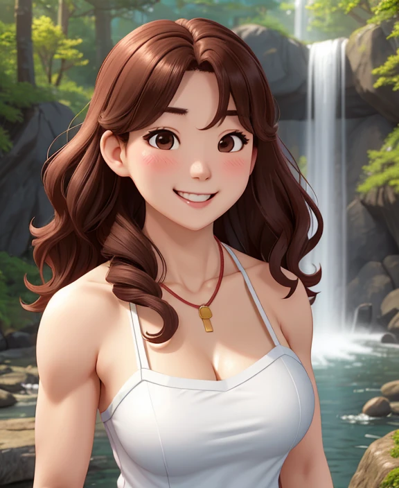 attractive korean woman, ripped muscle, muscular body, small breast, pale skin, smile(blush), chemise, thin necklace, sixpack abs, [ultra detailed skin:1.2], brown hair, wavy hair, 8k uhd, full body, crowd, public, forest, waterfall, standing,