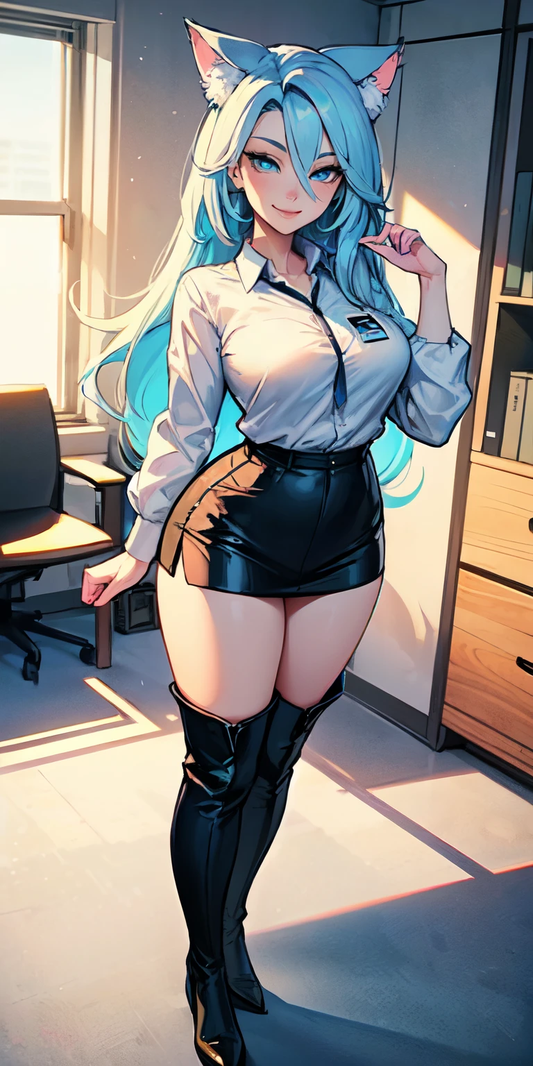 Masterpiece, 8k, art style by sciamano240, very detailed face, detailed clothes, detailed fabric, 1girl, beautiful face, asymmetrical long hair, light blue hair, wearing cute office clothes, Dior thigh boots, very detailed blue cat eyes, posing standing up , cute smirk, sunny office setting, full body view,