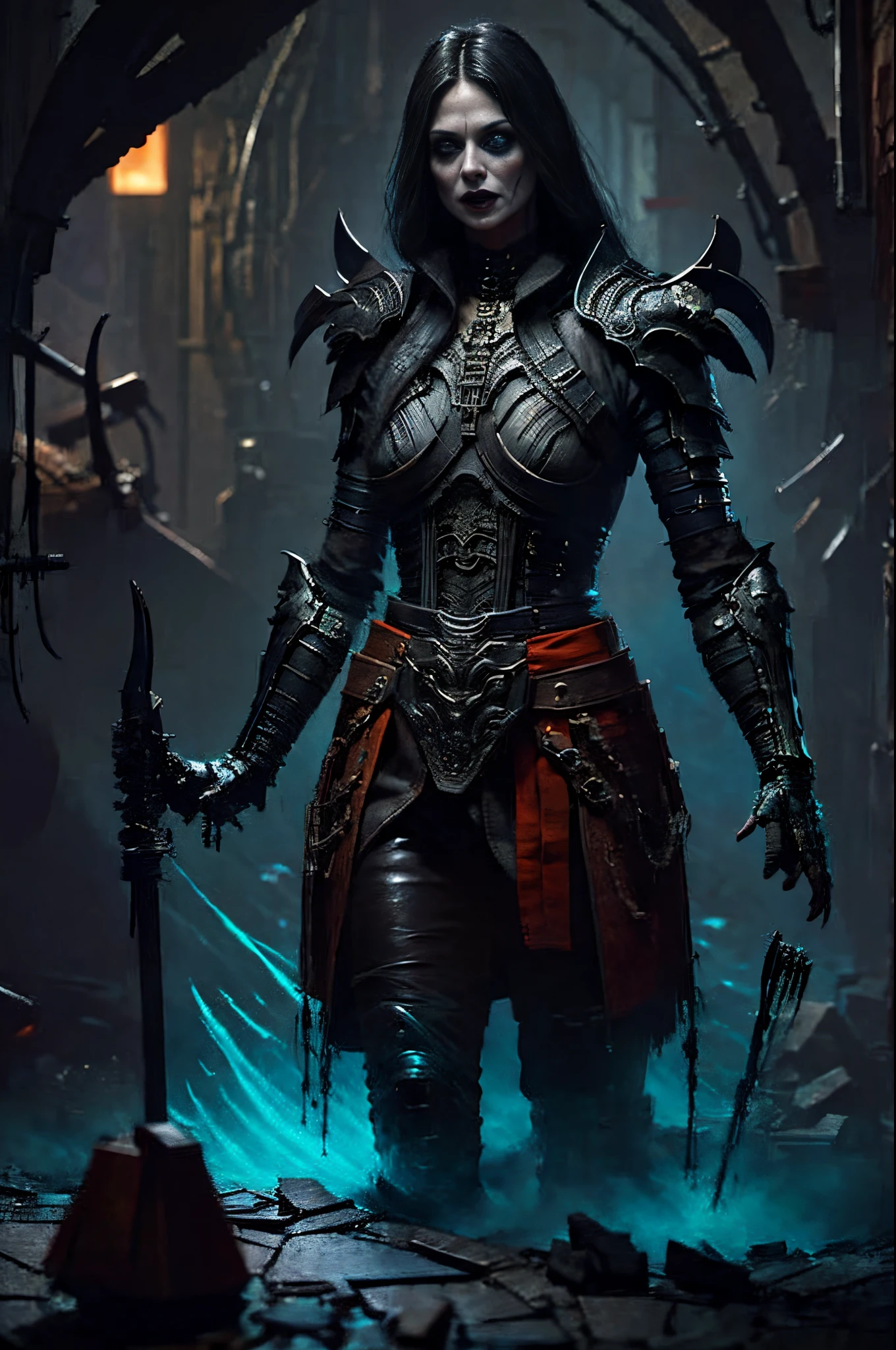 gothic art, lightand shade contrast, Standing picture, ramen, holland angle, emphasis lines, tmasterpiece, Acura, Anatomically correct, A high resolution, Best quality, super detailing, Award-Awarded，D14BL0 style necromancer，Humanoid monsters，A small amount of armor，withered face，witchcraft，expressionless eyes，Epic war fantasy digital art，(greg rutkovsky:0.8), (cyan and orange:0.4），