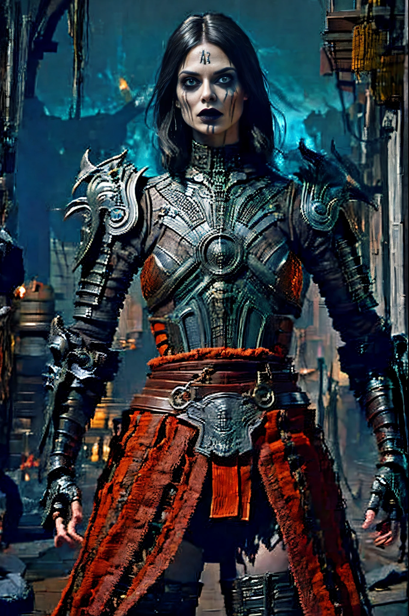 gothic art, lightand shade contrast, Standing picture, ramen, holland angle, emphasis lines, tmasterpiece, Acura, Anatomically correct, A high resolution, Best quality, super detailing, Award-Awarded,D14BL0 style necromancer,Humanoid monsters,A small amount of armor,withered face,witchcraft,expressionless eyes,Epic war fantasy digital art,(greg rutkovsky:0.8), (cyan and orange:0.4),