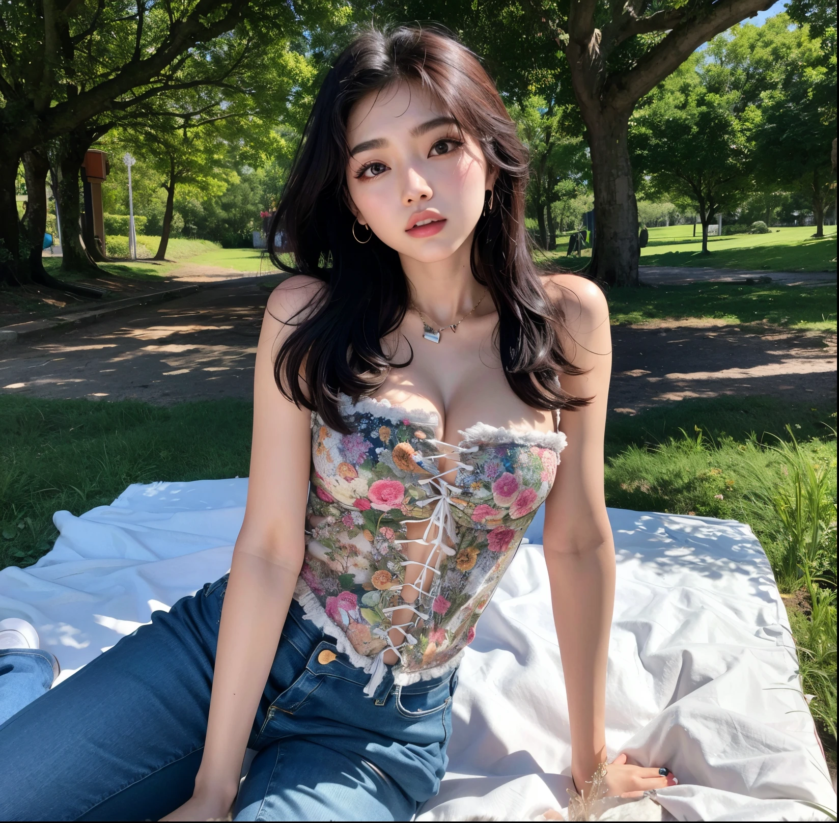 tired woman sitting on a blanket in a park with trees, Jinyoung Canela, usando espartilho, espartilho, Jennie Blackpink, colete da borboleta da flor, Wenfei Ye, usando camisola e botas, Espartilhos, Bae Suzy, roupas florais, Gongbi, Xintong Chen, Jaeyeon Nam, sexy :8, peito para cima busto tiro