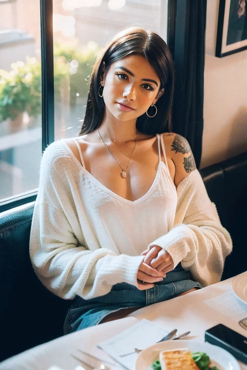 sharkb2, .Half body photograph of a cute and attractive woman in a trendy cafe with many windows ::3 De moda, Forma moderna: Tight clothing that accentuates your perfect body ::2 Photograph captured using a Canon 6D Mark II with an 85mm lens at f/ 4 e ISO 100 ::3 Disparo de glamour, rewarded photography, foco nítido, dynamic lighting ::1