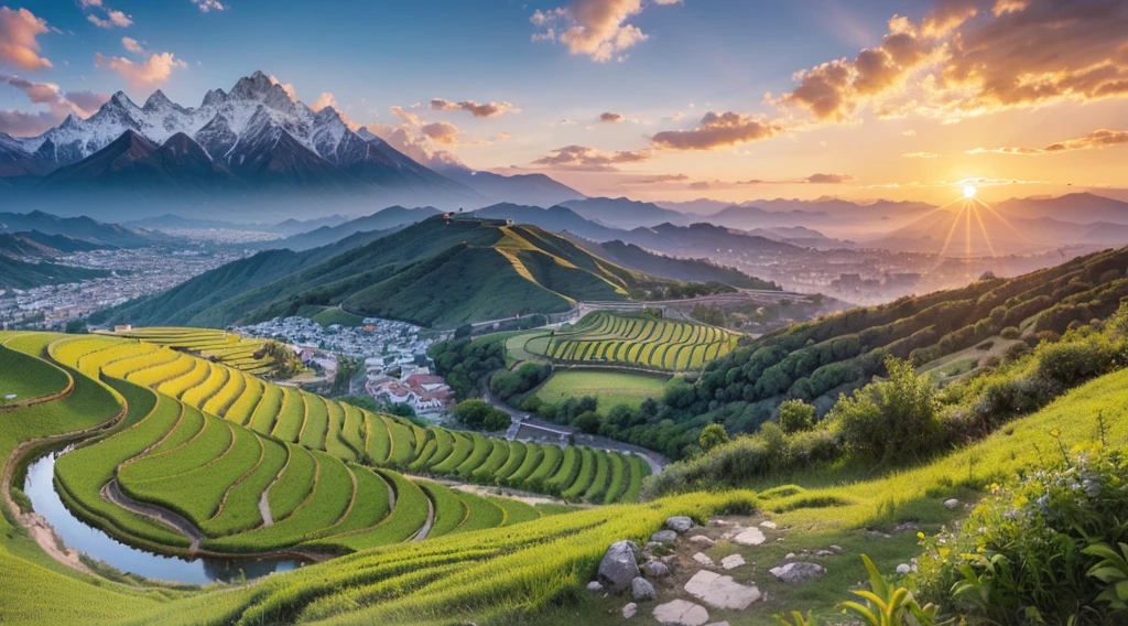 ((tmasterpiece)),(((Best quality at best))),Photorealistic photography,spring mountains,terraced fields scenery,morning sunrise(See the full sun),Skysky,Clouds(large quantity,Dense),The mountains are full of clouds,iRAW photos,Shot with Sony A7R4,12mm/f12 lens,Ultra-wide angle composition,16K Ultra HD, SLR camera, high qulity