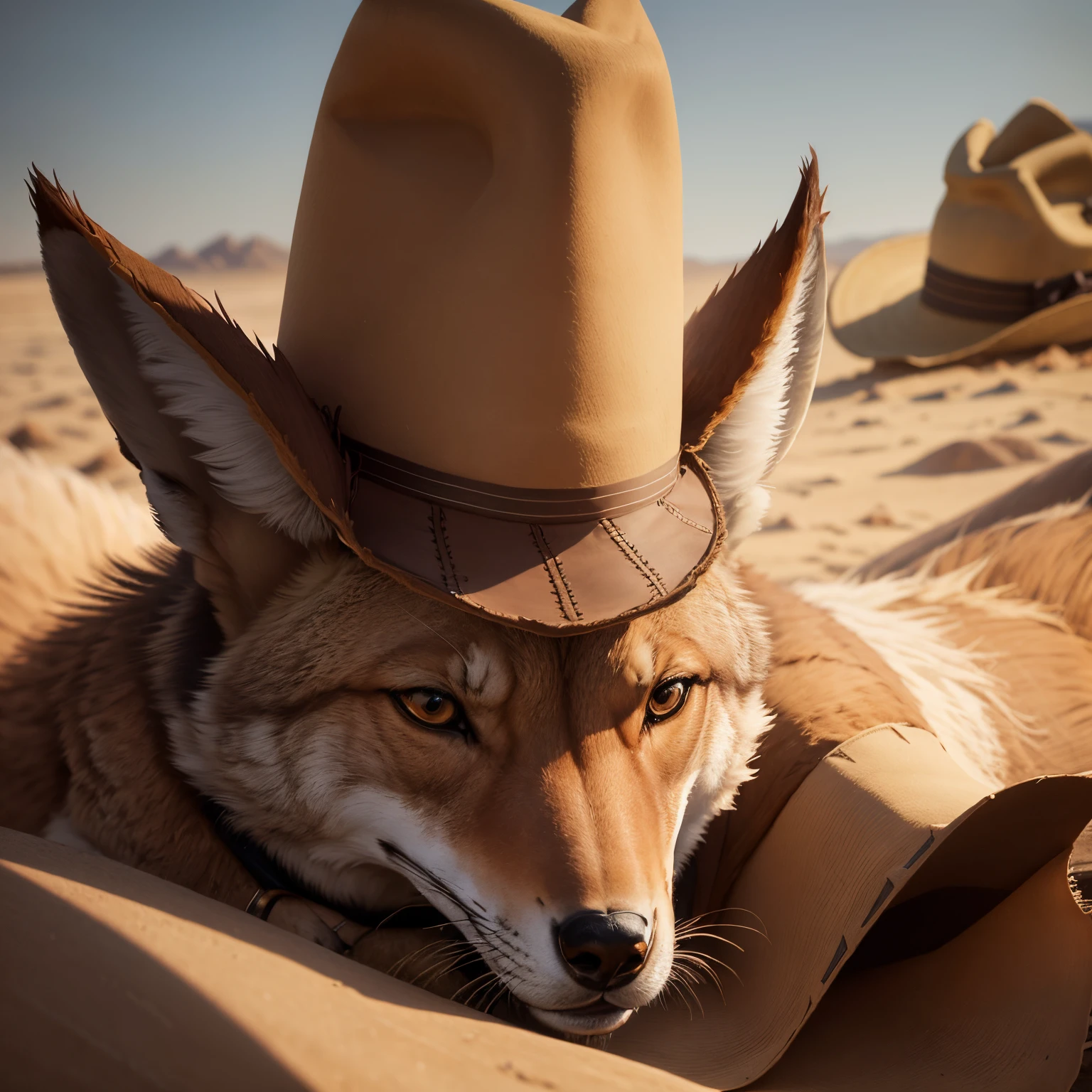 (Coyote con sombrero de vaquero), [mirando hacia otro lado], Cabeza de coyote,Anthro, Obra maestra, cinematiclight, Atmospheric Illumination, Subsoil Scatter,