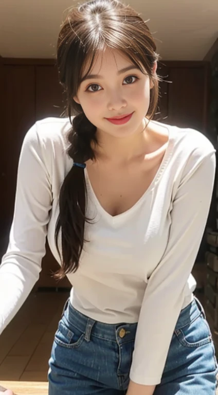 1 Pretty girl,wetclothes,,white skinned,Brown hair,shorter pants,looking at viewert,pony tails,cafe shop,Brown eyes,Reality speaks louder than gestureigchest,Colossal tits,ssmile,low chest