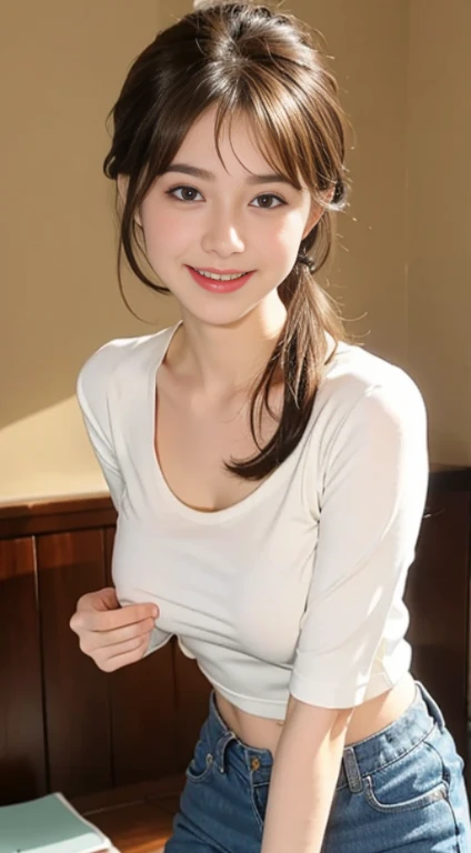 1 Pretty girl，wetclothes,,white skinned，Brown hair，shorter pants，looking at viewert，pony tails，cafe shop，Brown eyes，Reality speaks louder than gestureigchest，Colossal tits，ssmile，low chest