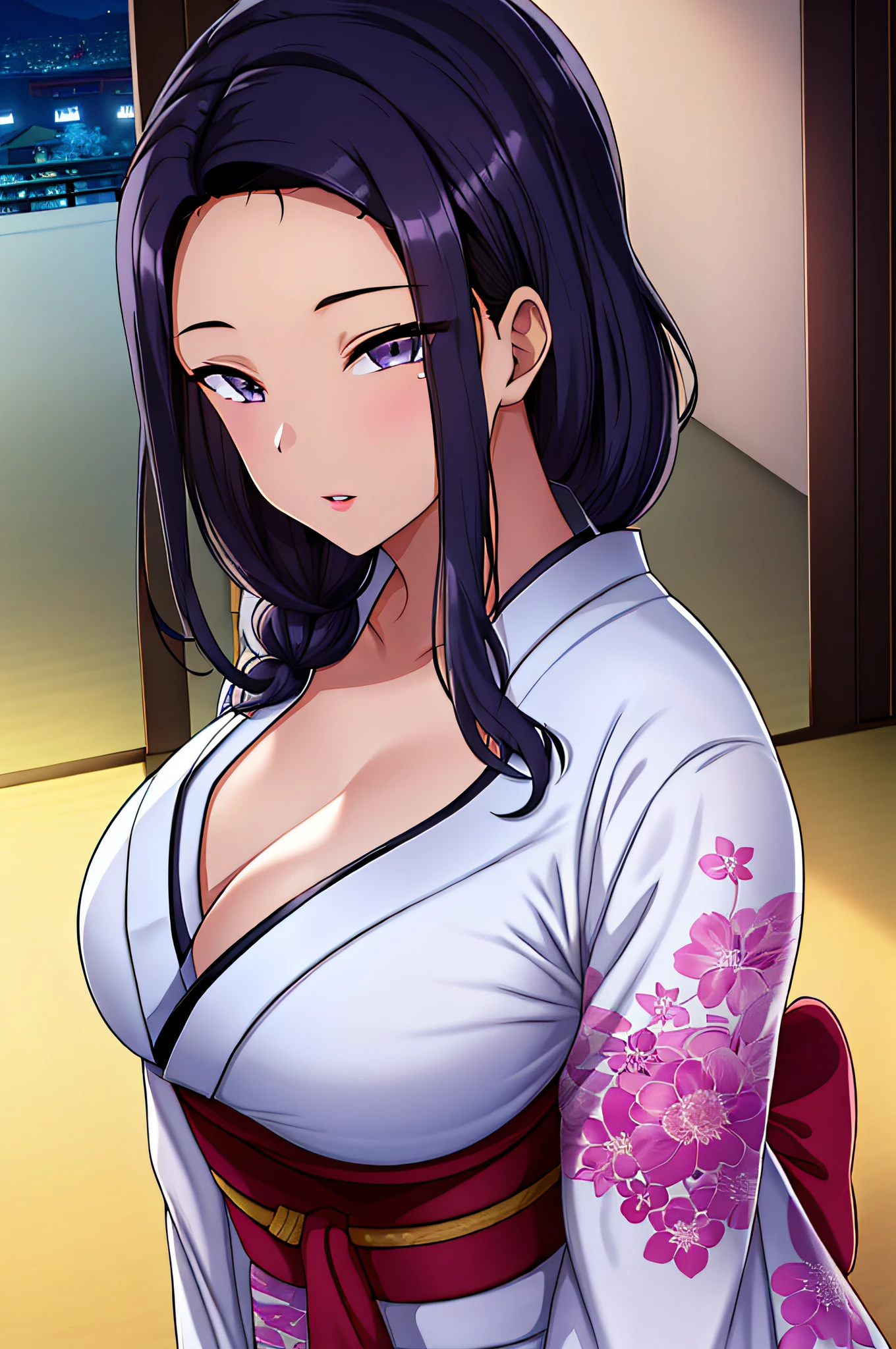 (Night:1.7), Japan, Tokyo, CityView, Before Window,
Standing at attention,
(White_kimono:1.3),cleavage,
black_hair, long_hair, hair_pulled_back,parted_lips,purple_eyes, braid,
1 girl, 24yo,mature female,Beautiful Finger,Beautiful long legs,Beautiful body,Beautiful Nose,Beautiful character design, perfect eyes, perfect face,
looking at viewer, in the center of the image,
NSFW,official art,extremely detailed CG unity 8k wallpaper, perfect lighting,Colorful, Bright_Front_face_Lightinasterpiece:1.0),(best_quality:1.0), ultra high res,4K,ultra-detailed,
photography, 8K, HDR, highres, absurdres:1.2, Kodak portra 400, film grain, blurry background, bokeh:1.2, lens flare, (vibrant_color:1.2)
(Beautiful,large_Breasts:1.4), (beautiful_face:1.5),(narrow_waist),