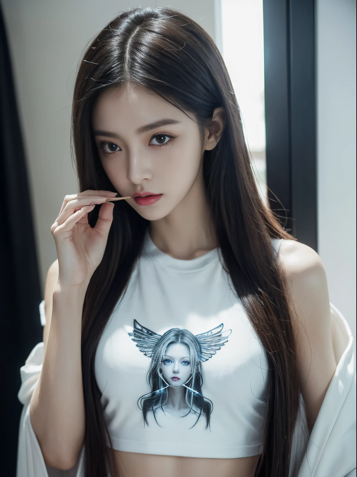 (Photorealistic),(Masterpiece),(ultra-detailed),a close shot of very pretty tall idol girl but so busy that she had starved for a month so very close to fainting but somehow stays bright for her fans and has extremely thin feeble small body which are just bones and thinner than sticks and she is wearing a crop tshirt,ghostly appearance because of thinness but beautiful