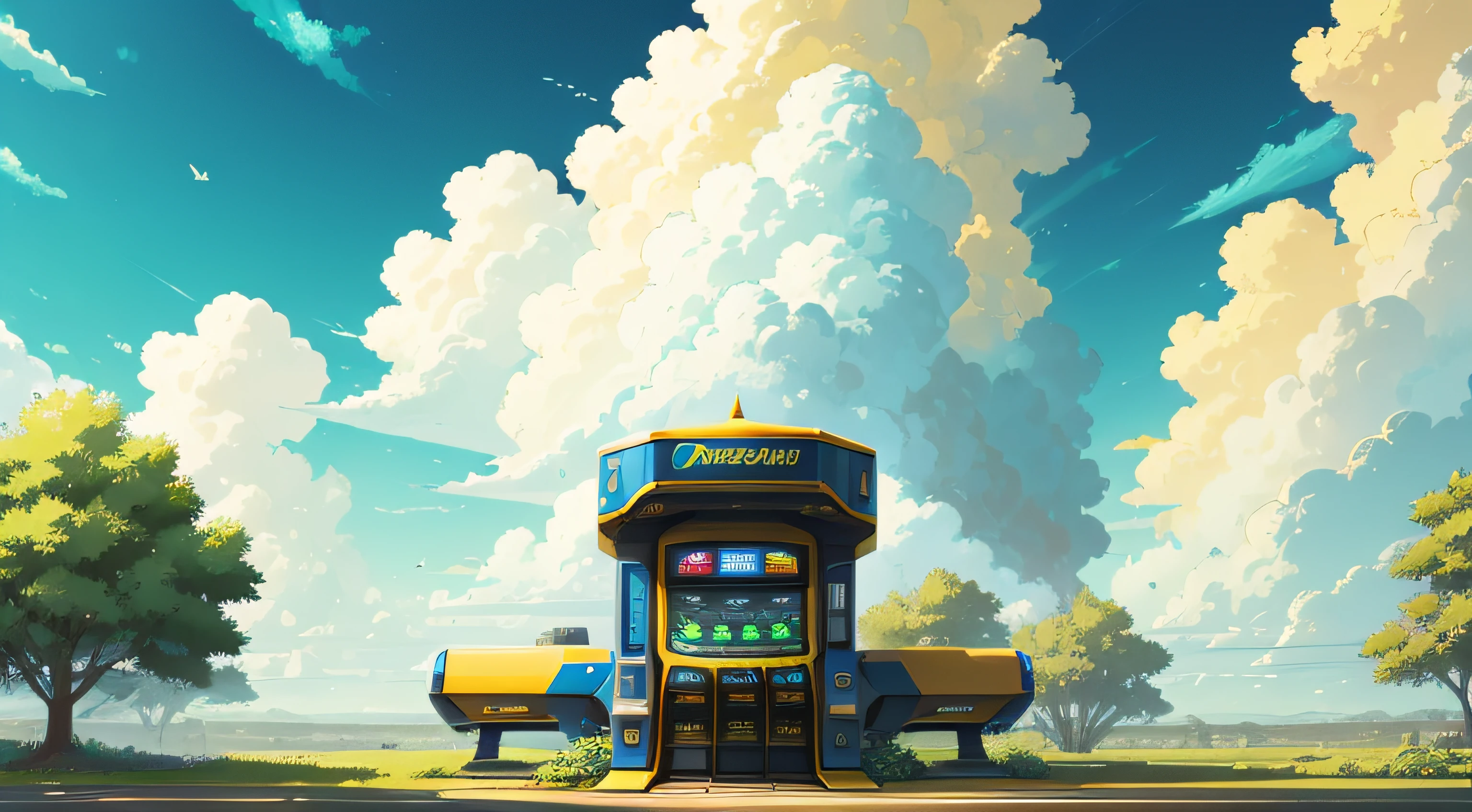 no man, gaming console, Yellow to blue, Cool, green leafs, plein air, Clear blue sky, Beautiful clouds --auto
