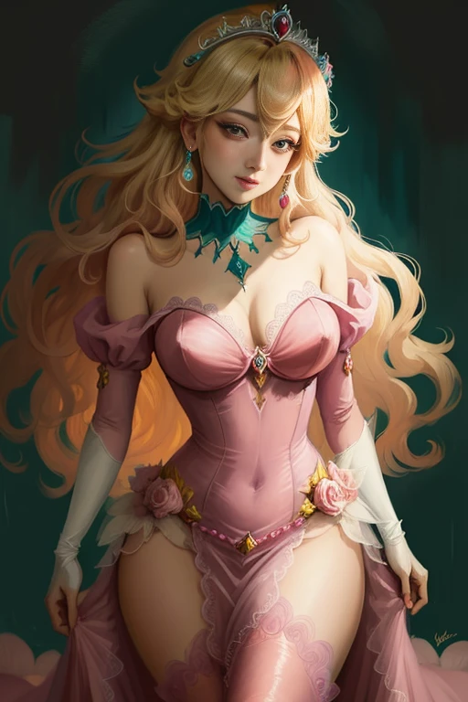 Princess Peach, olhos azuis, Vestido rosa e preto sexy, elegante, fundo preto, escorregadio, clivagem, coroa, lacy bra, cabelo loiro, sedutor, sedutor, (2d anime bonito:1.3), Vixip, pastel background, design por Yusuke Kozaki, oil by Gregory Manchess; Surpreendentemente sedutora, Causador, Beautiful, hand draw illustration. altamente detalhado. Cinematic lighting. Por superequeno.pequeno