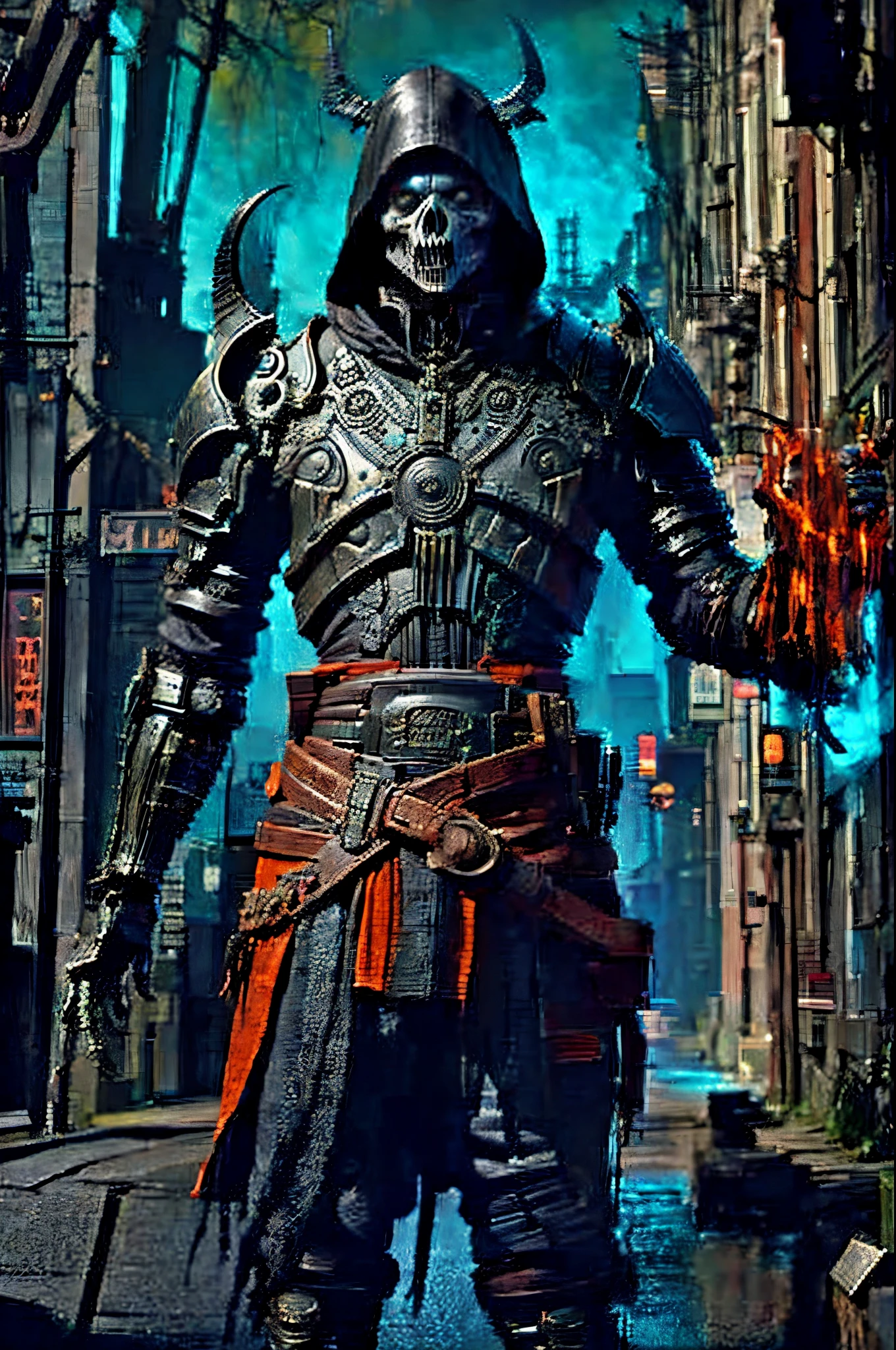 gothic art, lightand shade contrast, Standing picture, ramen, holland angle, emphasis lines, tmasterpiece, Acura, Anatomically correct, A high resolution, Best quality, super detailing, Award-Awarded，D14BL0 style necromancer，Humanoid monsters，A small amount of armor，withered face，witchcraft，expressionless eyes，Epic war fantasy digital art，(greg rutkovsky:0.8), (cyan and orange:0.4），