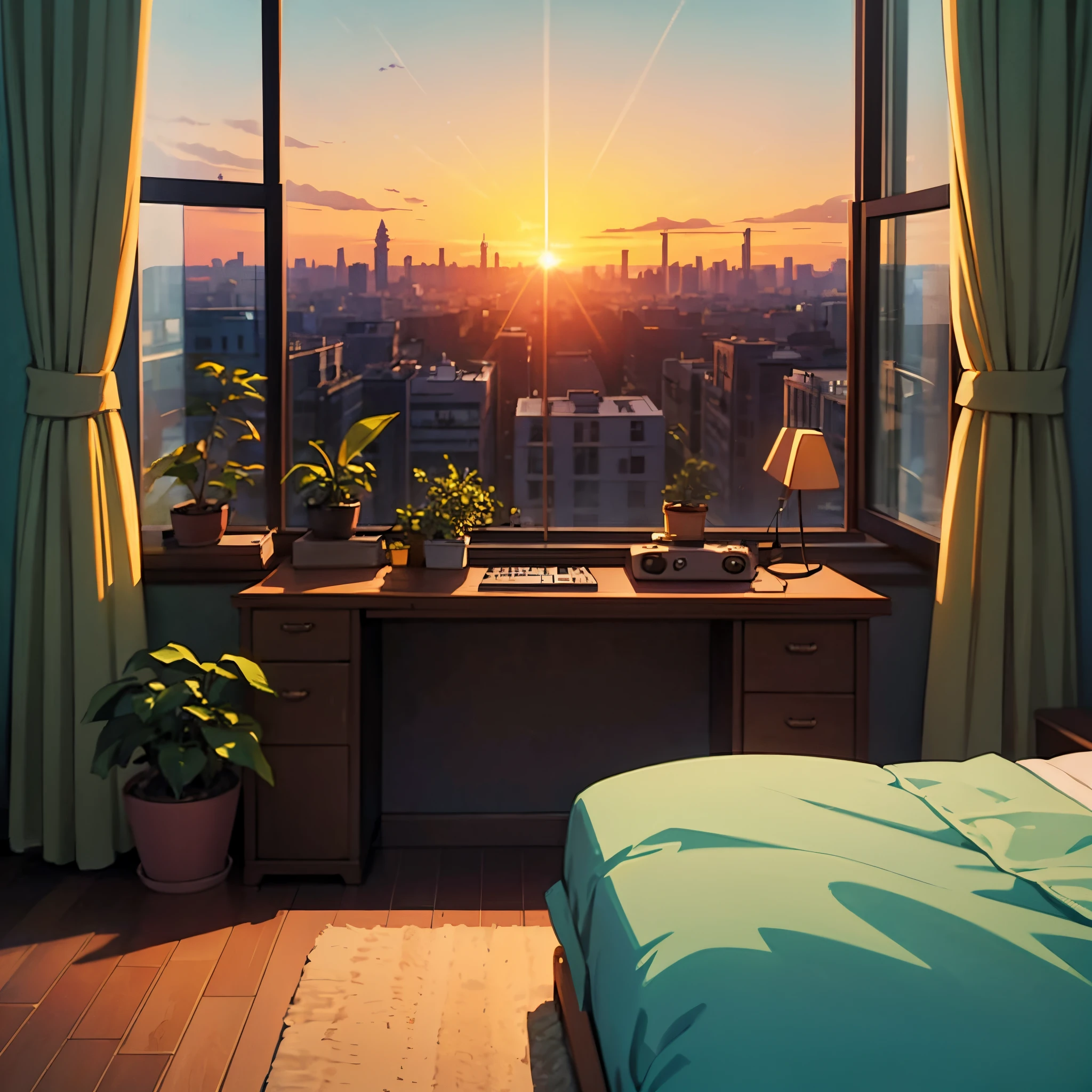 Album art for a lofi album,  a cozy bedroom room with a large window overlooking the city at sunrise, some plants in room, a table with a midi keyboard monitor and speakers, very clean art, detailed, central shot, portrait shot