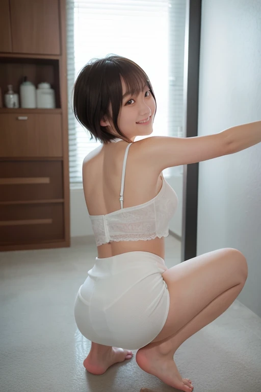 From behind, back view, massage room, squatting on the floor, 20 years old, white miniskirt, white camisole, short cut hair, smile, thin legs, nervous expression, white skin, arms outstretched