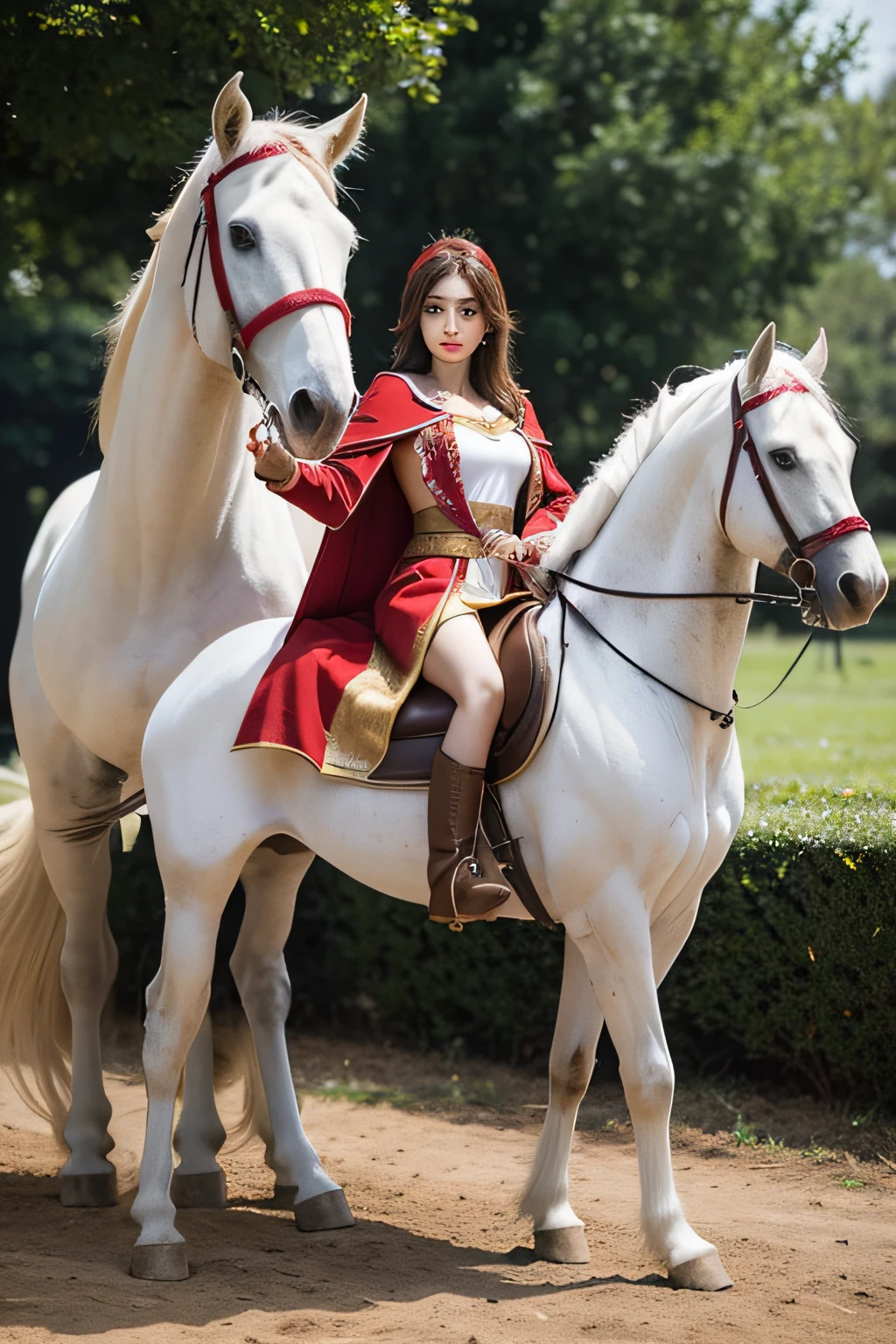 Generate a picture of a beautiful woman in ancient costume,black hair color hair,Infrared sleeve,White leather boots,Leading a herd of white long-haired horses