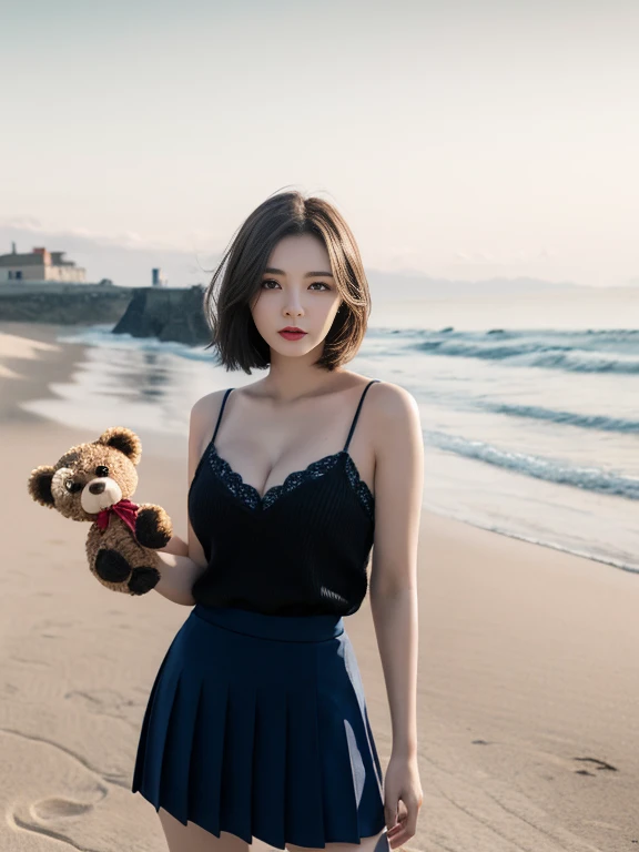 Great view of the coast,1girll,(short detailed hair),school uniform eyes,rosto magro,white skinned,Carefree expression),beach sand background,lighthouse,Gentle sea breeze,playful pose,dynamic compositions,vague background,Rich color detail,50mmlens,relaxing atmosphere。Portrait Photogram,35㎜ film,Nature blurred beautiful and clear background,Extremely detailed description,big breasts beautiful,attractive cleavage,Super detailed paintings,delicated face,exquisite body,Delicate collarbones, lovely lips,Photos of standing with slender legs,(8K,RAW photo quality,tmasterpiece:1.2),(realisticlying,Photorealistic:1.37),Hands holding a teddy bear