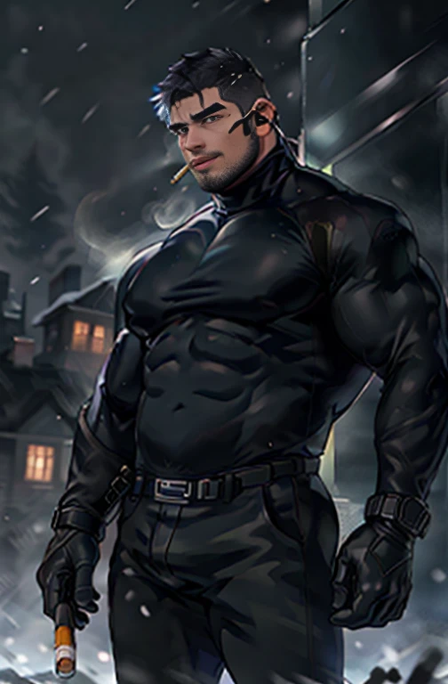Dark gothic village in the background, old Chris Redfield from Resident Evil 8, 48 year old, muscular male, tall and hunk, biceps, abs, chest, all black cold turtleneck shirt, long sleeves, black trousers, shoulder holster, earpiece, belt, thick beard, cold face, cigarette in mouth, smoke, video games style, high resolution:1.2, best quality, masterpiece, dark nightime, dark atmosphere, winter, snowing, shadow, upper body shot