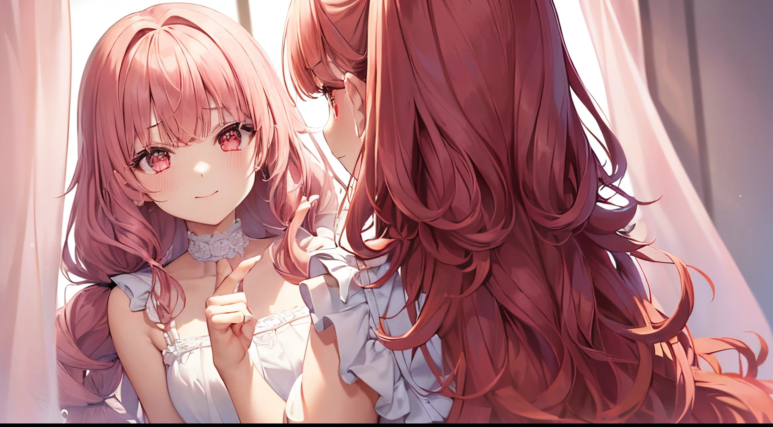top-quality、​masterpiece、、One girl、(((hair bundle gesture)))、Frontal shot、(((Puff Dresses)))、poneyTail,Red hair、((White curtain background))、(((light pink eyeshade))),((Upper body ))、((touch the back of your hair with your hand))、frontage、A smile、