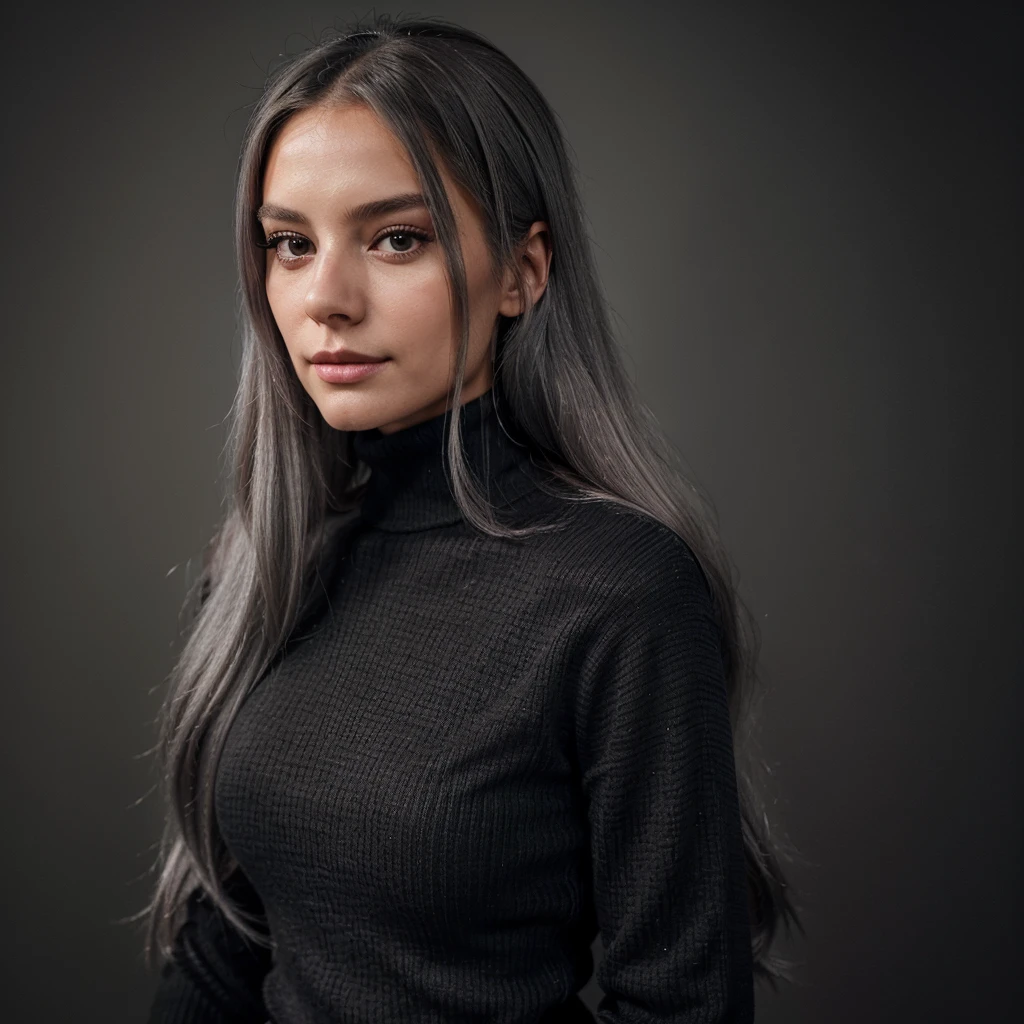 woman with long gray hair and black turtleneck top posing for a photo, belle fille noire , soft portrait shot 8 k, une fille aux cheveux blonds, fille noire, photo of a beautiful woman, high quality portrait, beautiful girl model, beautiful model girl,
